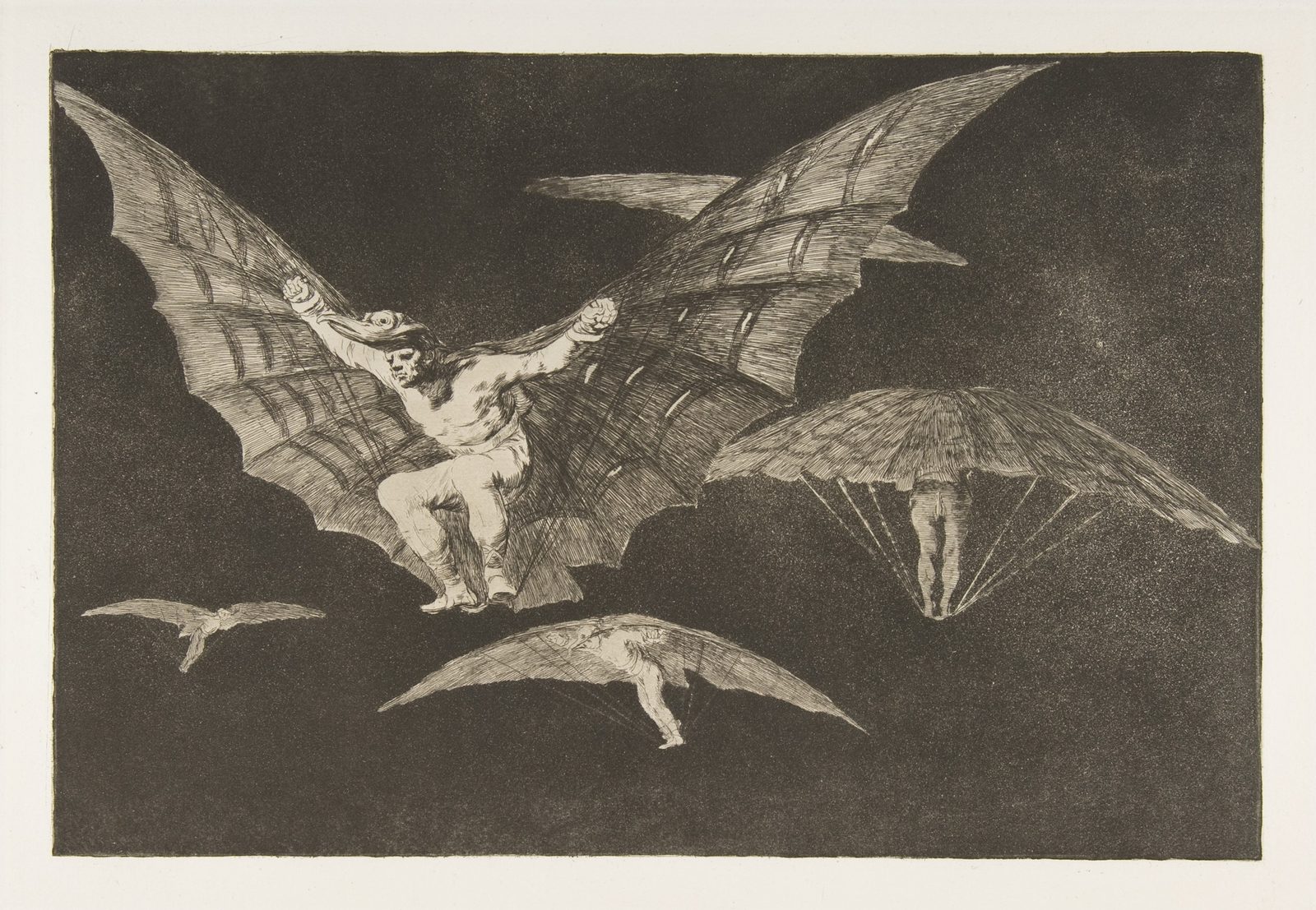 Goya's print "A Way of Flying": five figures with bird-headed helmets and wings strapped to their wrists and ankles, flying against a dark background