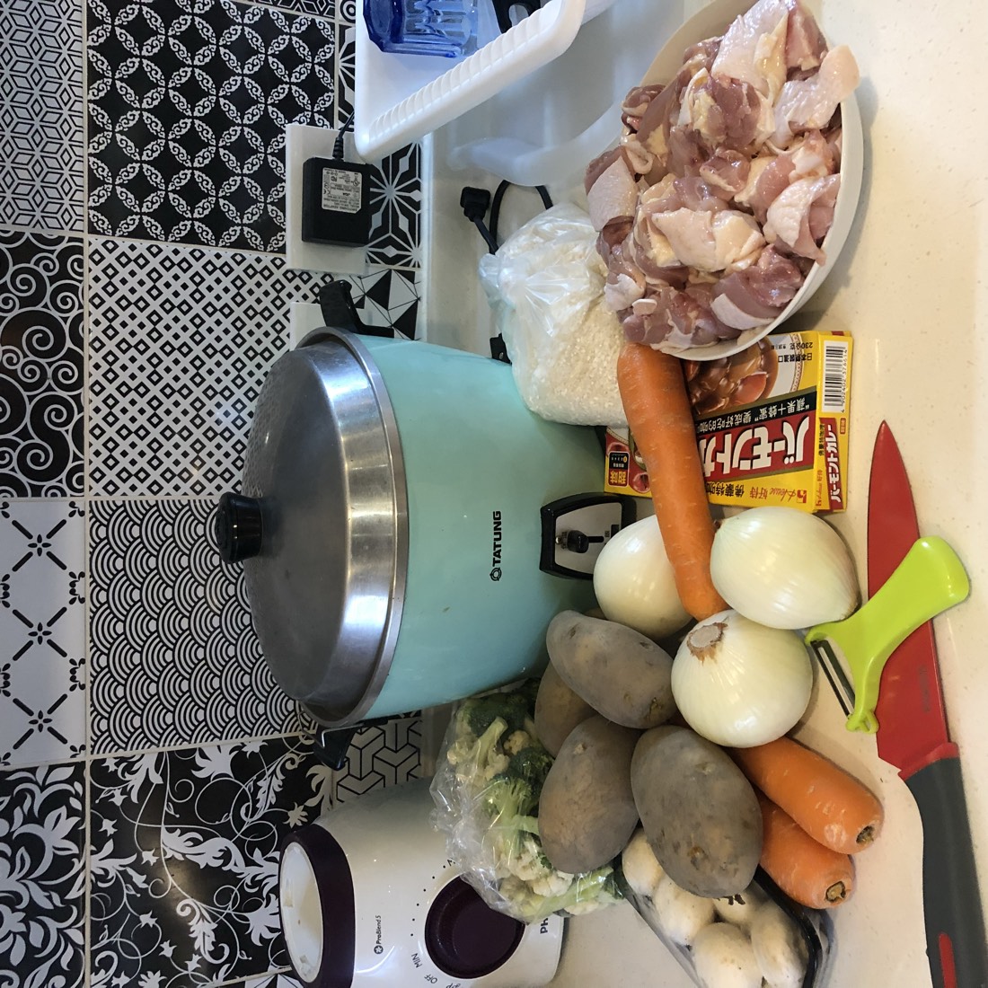 四個孩子在青旅裡一起準備食材煮咖哩,桌上有電鍋、蔬菜、雞肉與咖哩塊。
