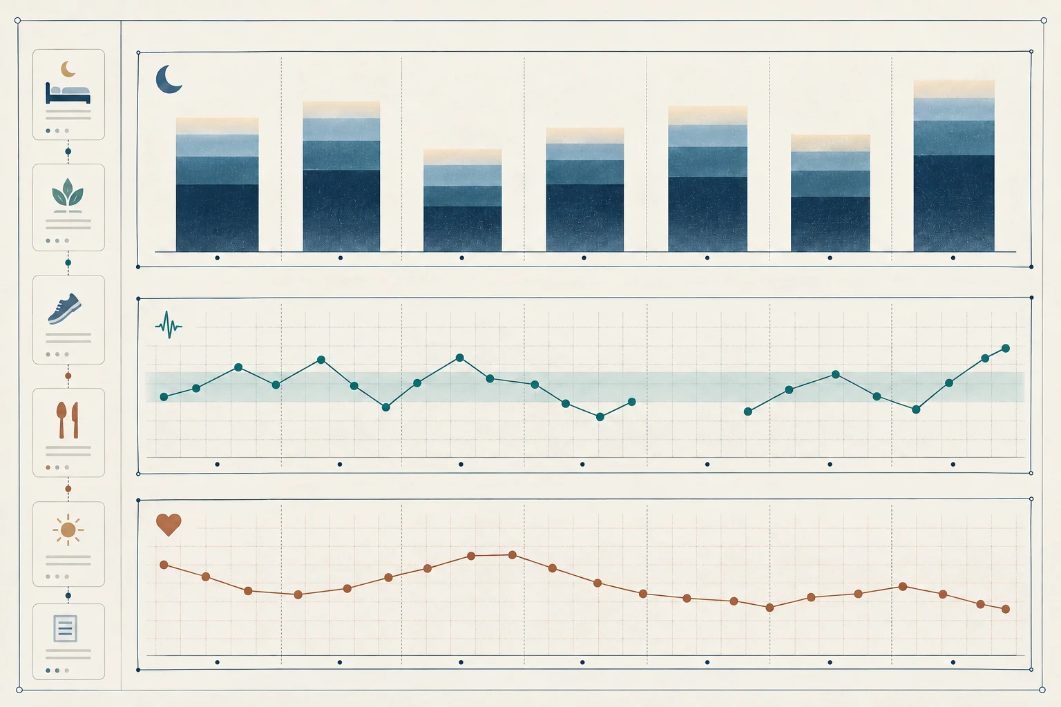 Conceptual illustration of daily records using sleep bars, HRV and resting heart rate trend lines, and data grids