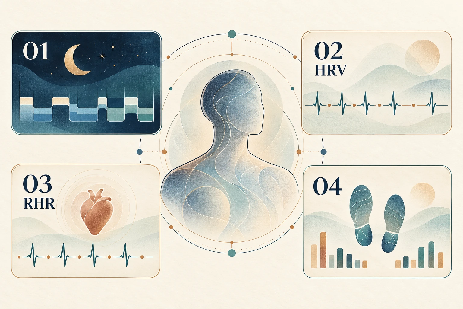 Conceptual infographic with a human outline and four numbered panels for sleep, heart rate variability, resting heart rate, and walking activity
