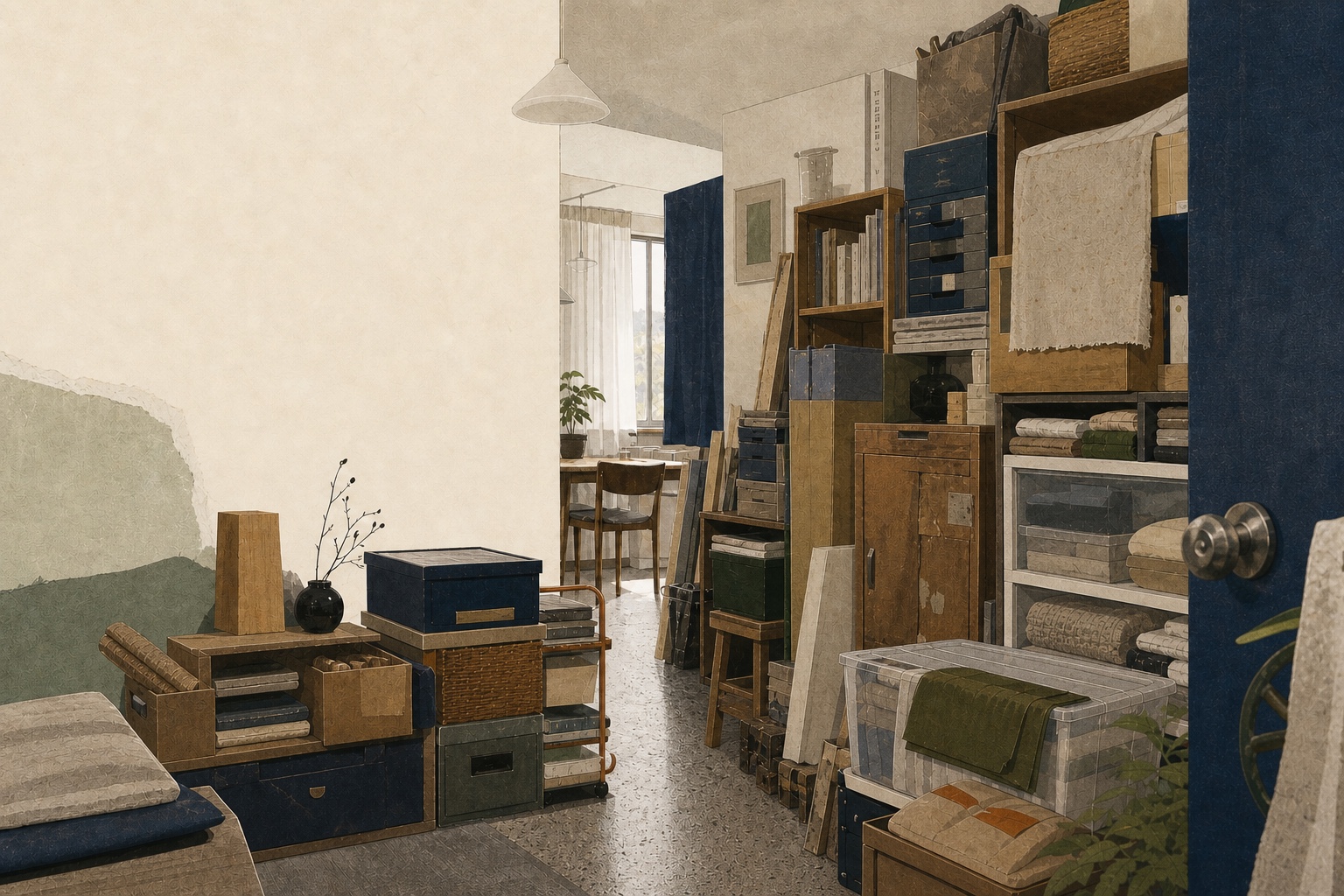 A paper-collage-style home storage space, with cabinets and boxes gradually compressing the passable circulation path.
