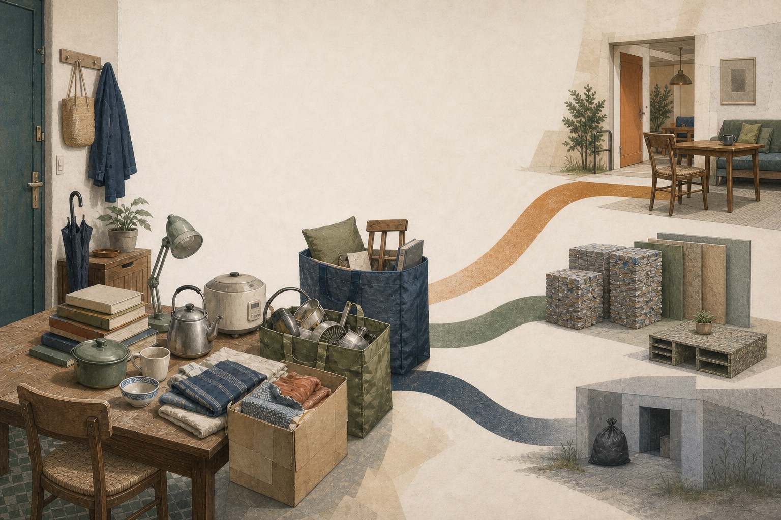 Paper-collage style household objects traveling along three low-saturation paths toward reuse, material recycling, and final disposal.