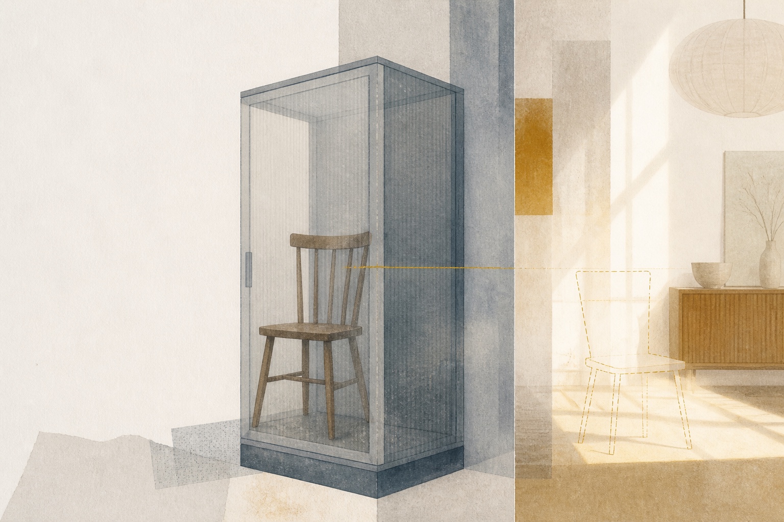 Paper-collage style of intact objects and a shrinking circulation window, showing changes in unused time, storage, and transfer conditions.