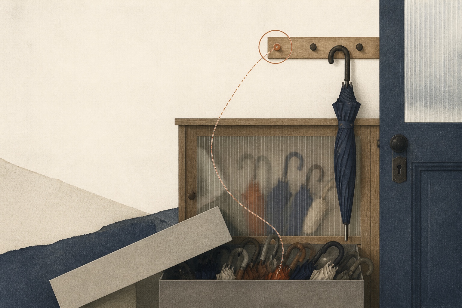A paper-collage household entrance and overlapping umbrellas forming a path of duplicate stock, showing the loop of buying again after an item cannot be found.