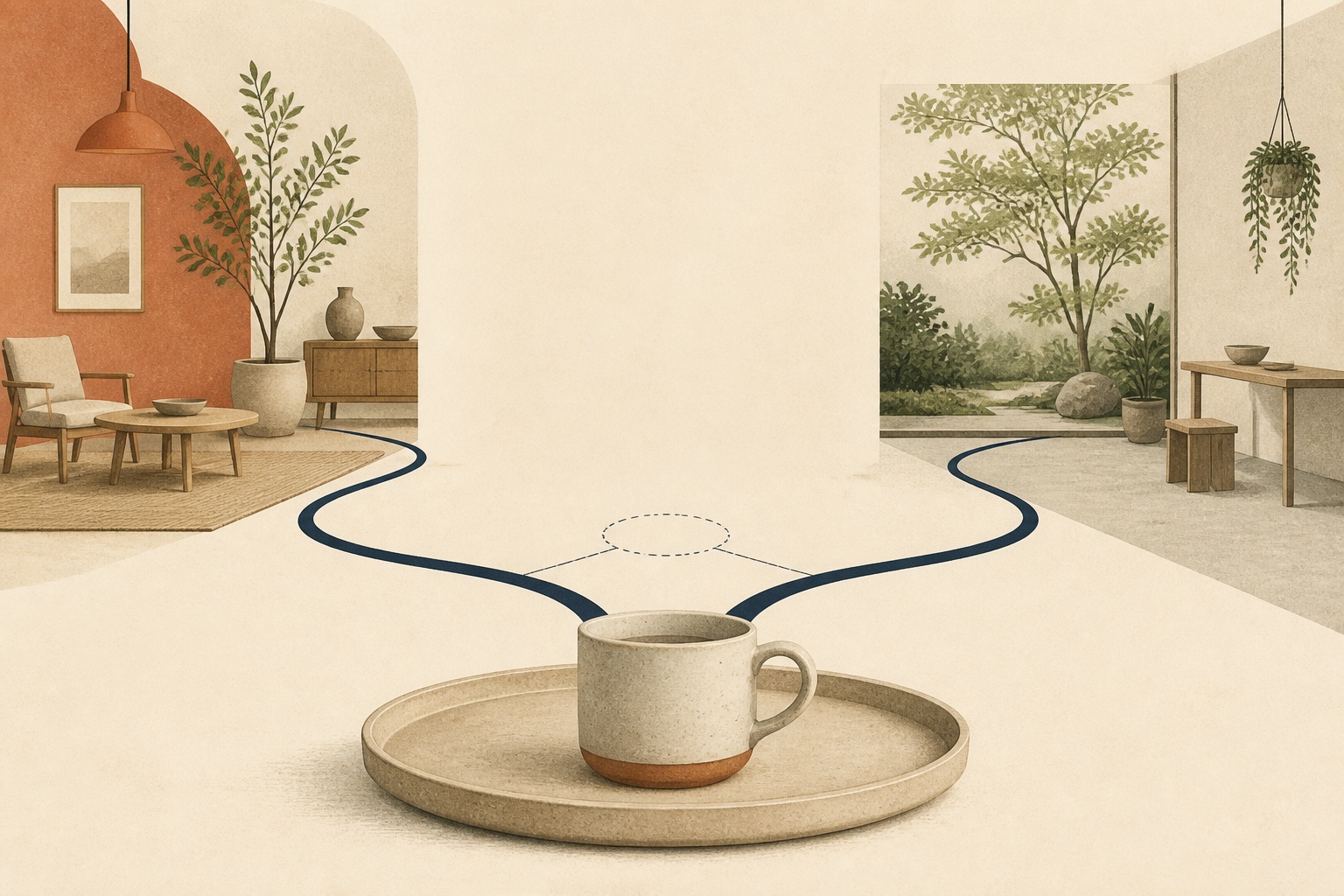 On an off-white background, a household item in good condition sits on an open tray; a thin indigo path leads toward two different places of use, with space left nearby for what is still unconfirmed, and no identifiable people.