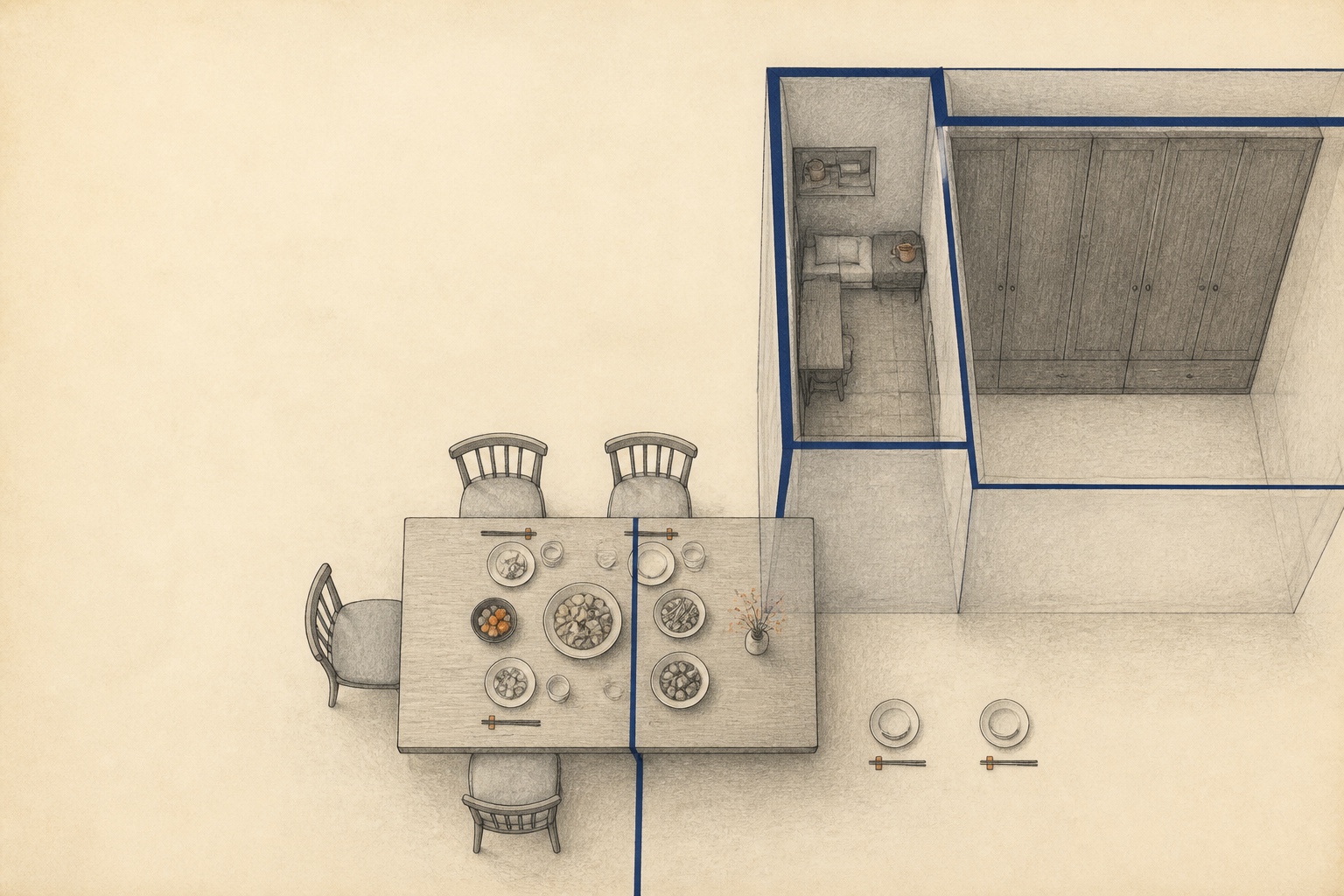 Around a shared dining table, chairs and personal objects sit in uneven amounts; deep indigo lines branch from the tabletop toward different rooms, showing how spatial place relates to household decision-making.