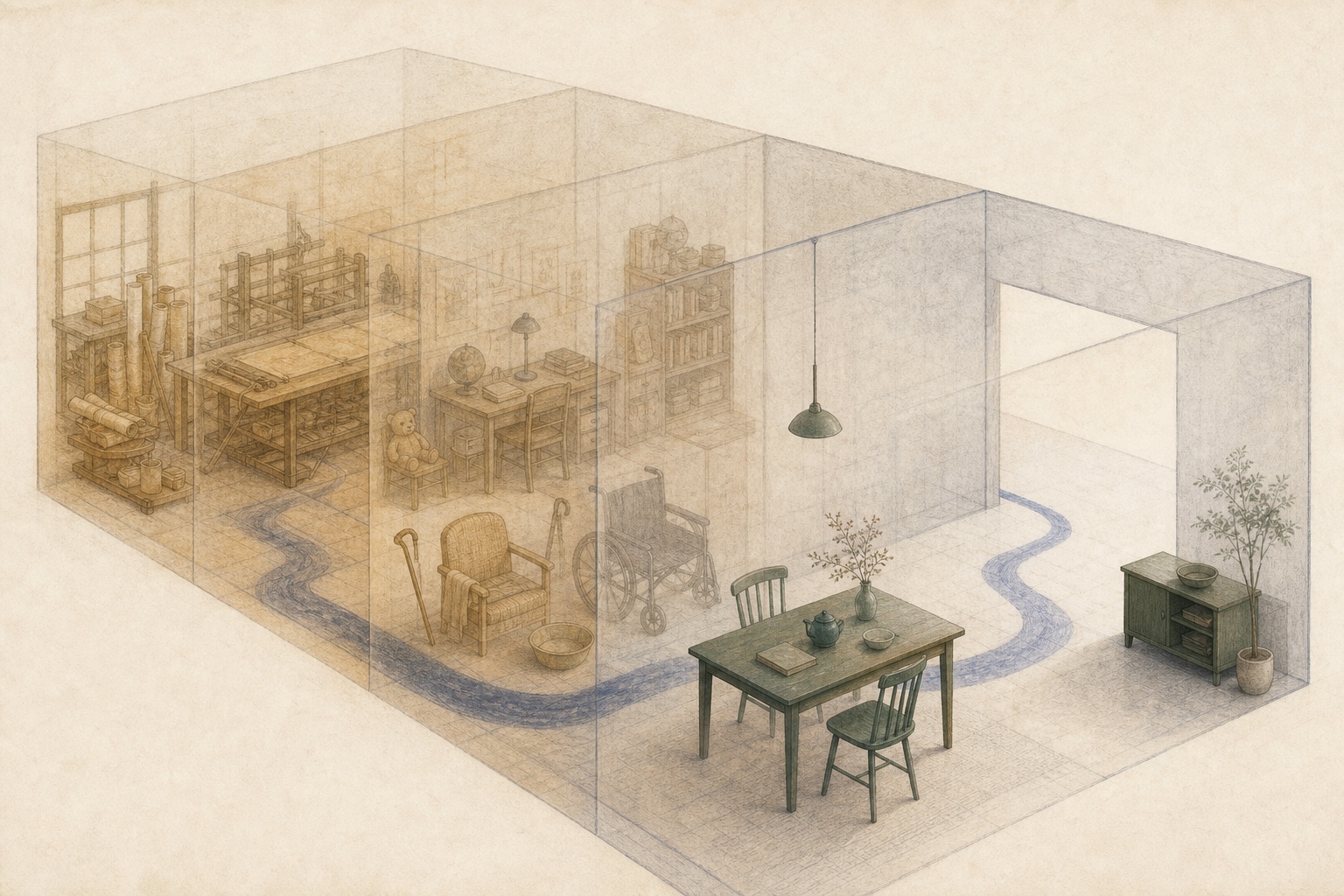 The same room is layered in translucent overlays of work, caregiving, and present life; older objects fade, and a deep indigo path guides the space toward new uses.