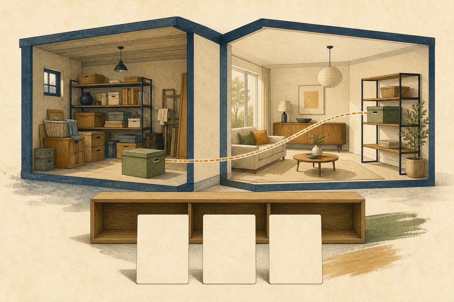 Two neighboring home spaces shown in transparent section; a box of objects moves along a thin line from left to right; a shared empty shelf and three unlabeled rule cards sit in the foreground; no identifiable people.