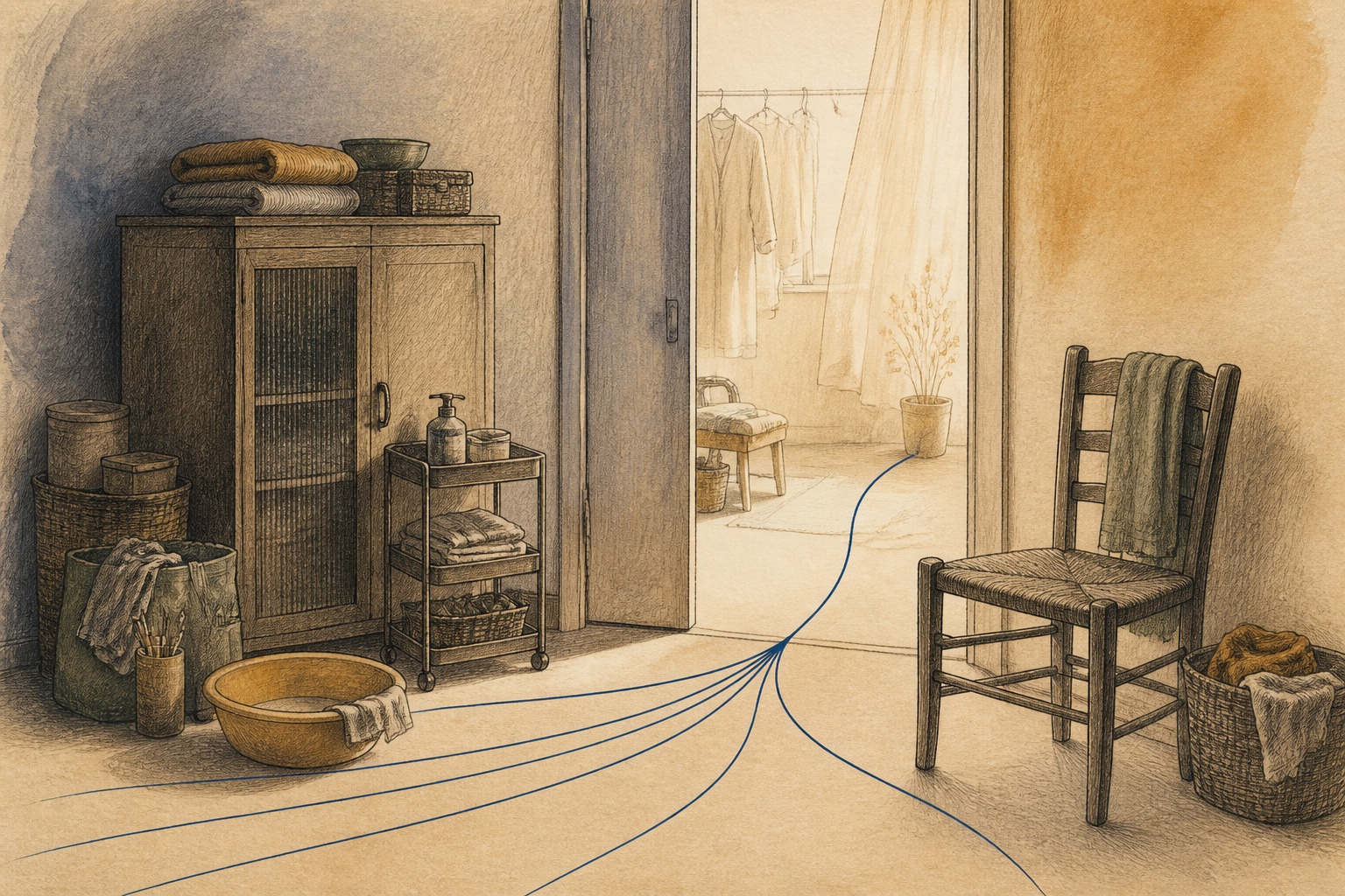 A desk surrounded by everyday objects and to-do slips, with an empty chair left for rest and a deep indigo path toward a support position; no identifiable person.