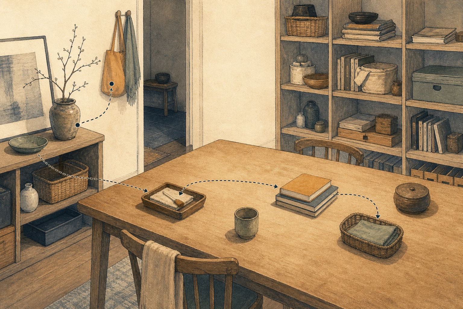 An unfinished list of objects on a table is divided into several small trays; an empty glove reaches into the frame, and a deep indigo line leads toward the next stop. No identifiable person.