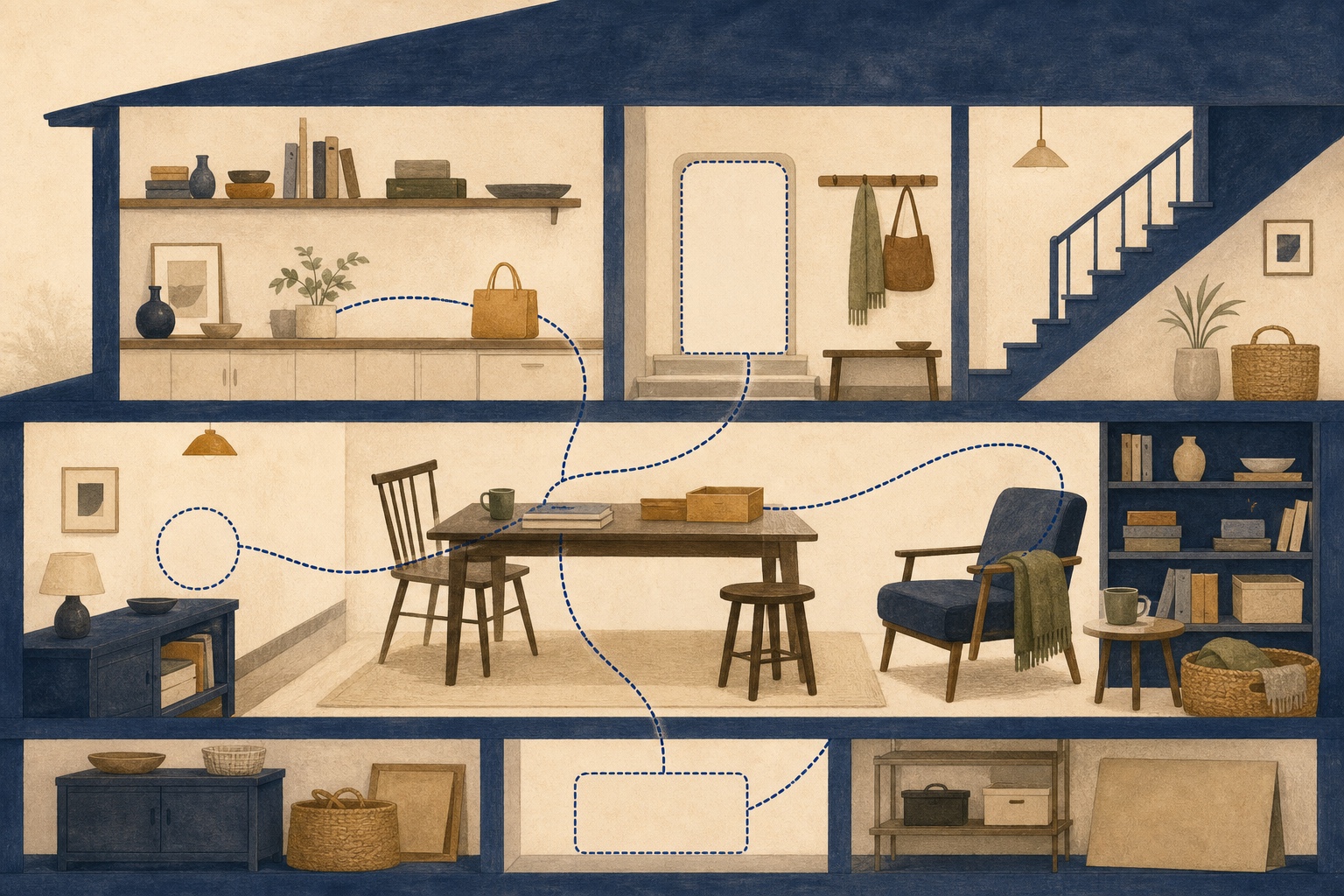Two adjacent domestic spaces linked by shelves of different heights; shared objects are stacked on one side, a clear personal place is left on the other; objects realign along a deep indigo line; no figures.
