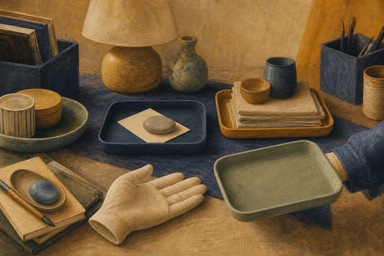 A dining table becomes a blank plane that can start over each day; surrounding objects move along thin lines of inlet, use, and return, with un-tidied shelves kept in the background; no people or brands.