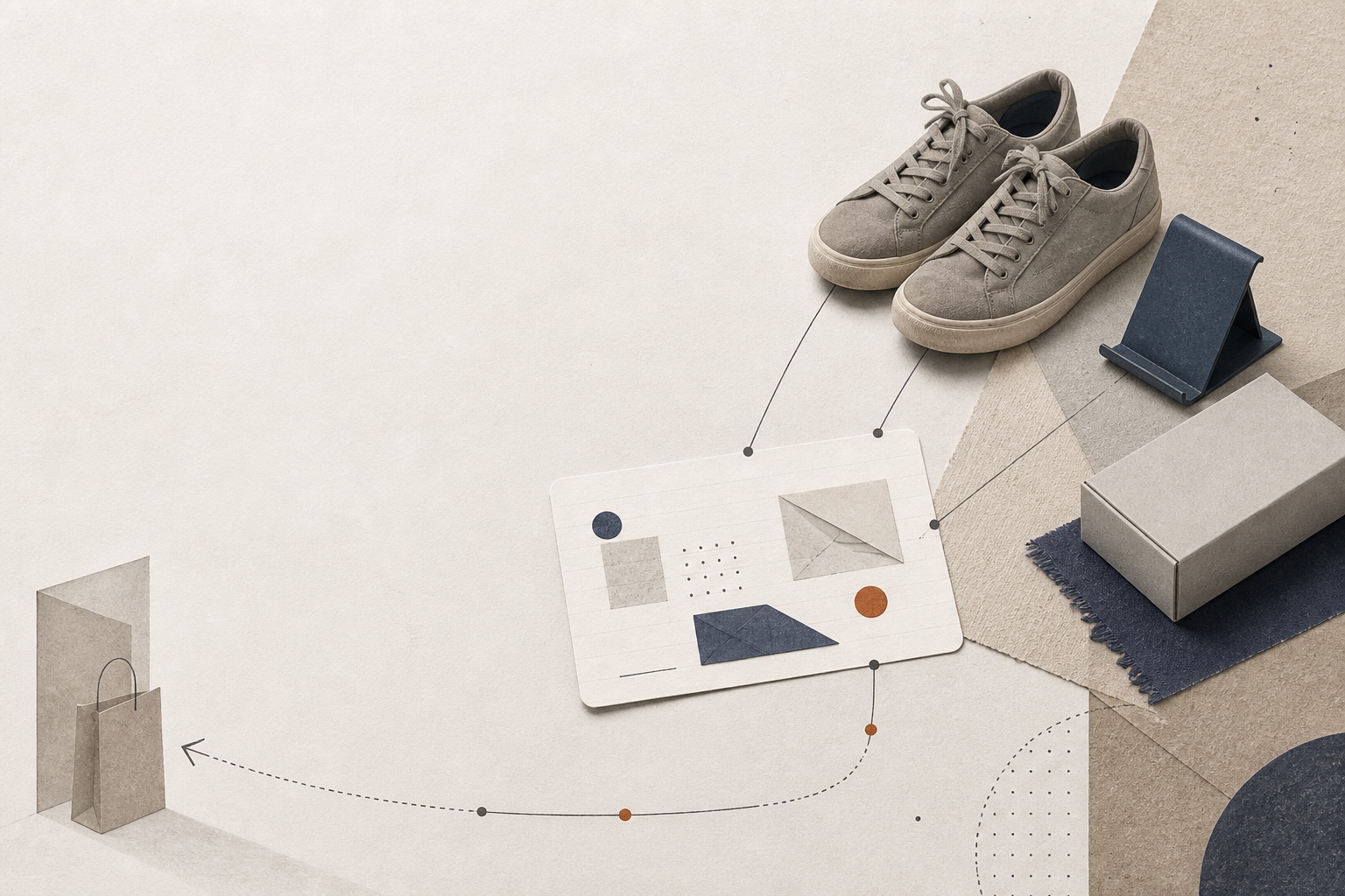 送り出す準備のできた日用品が、読める文字のない購買理由の記録カードにつながり、細い線が次の購買の入口へ折り返す。