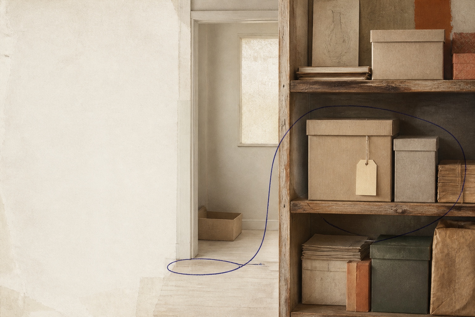 On a paper-and-graphite textured desk, a translucent storage box and a sealed envelope sit side by side; a thin indigo path stops between them, with quiet empty space on the right.