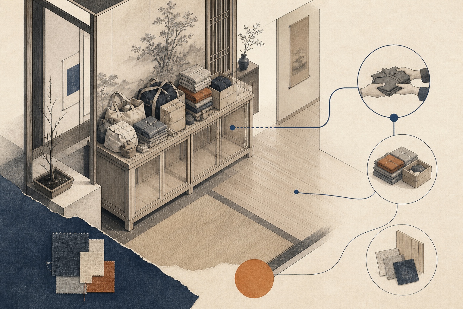 一件閒置的大型家具佔住房間中央，周圍物品沿著它形成暫存堆，另一側留出拆解、轉交與材料處理的空間路徑。