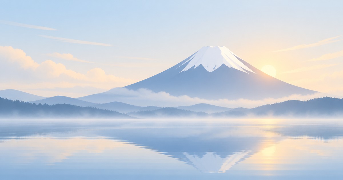 An illustration of Mount Fuji and its reflection in a lake in the morning light