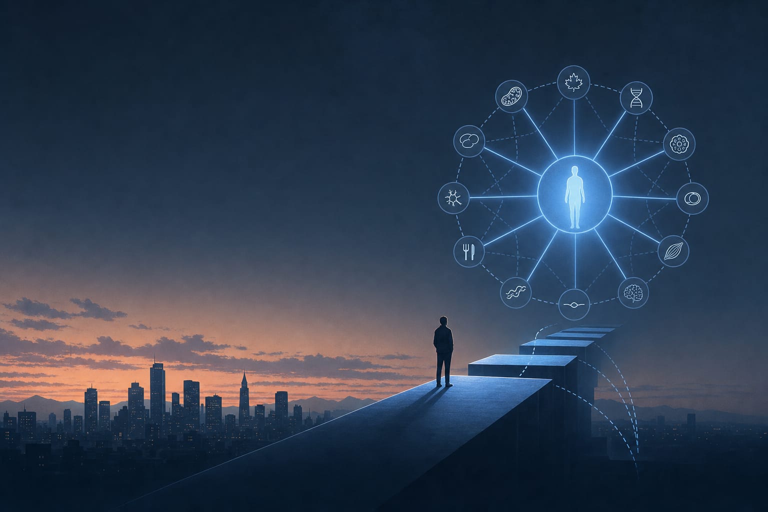 In deep-blue dusk, a figure stands at the end of a slope; stone steps rise unevenly ahead. Overhead, a ring of twelve cellular and molecular icons connects by lines of light to a luminous human silhouette at the center: a map of the hallmarks of aging suspended above the body it purports to describe, the gap between them visible.