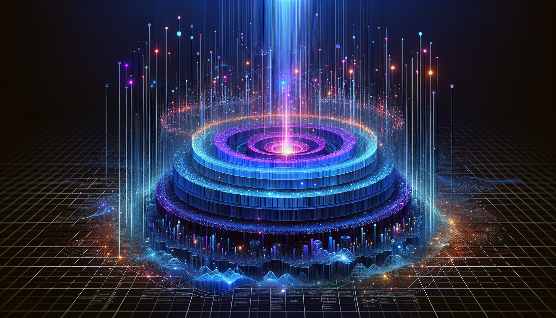 深藍背景中發光的同心多層結構，光線粒子從上方流入分類，底部為結構化數據網格，象徵健保重大傷病的五層期限分級與資料分類器邏輯