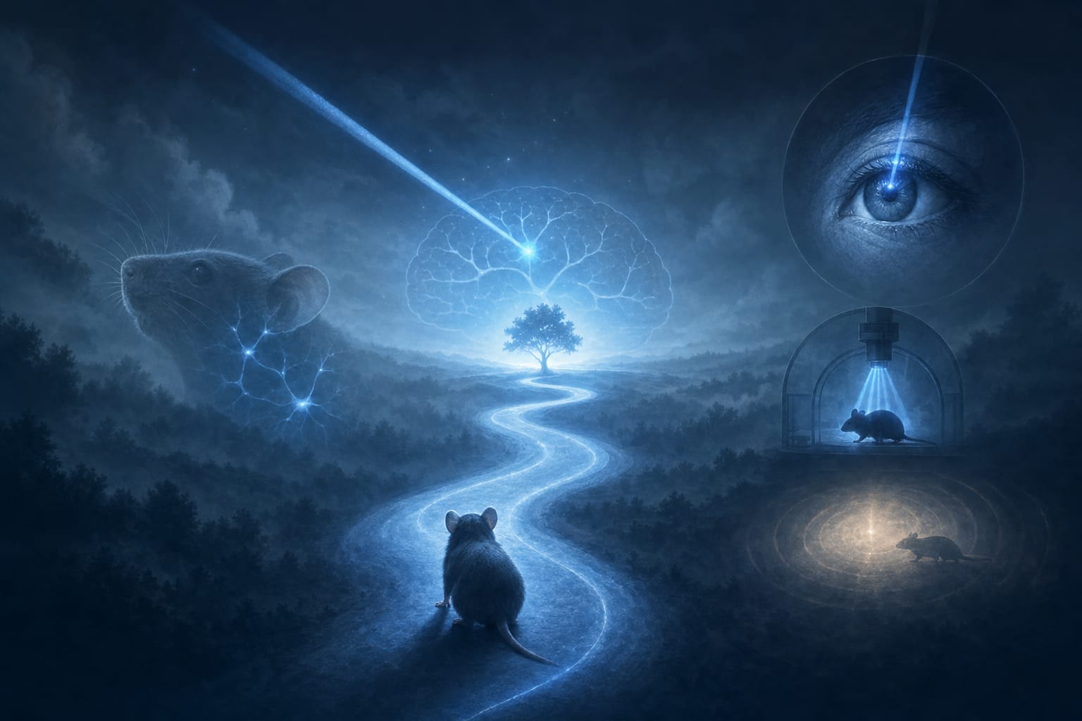藍色夜景中,一隻小鼠沿著發光小徑走向一棵樹,上方是被藍色光束點亮的大腦輪廓,右側有一隻眼睛與光照實驗中的小鼠的概念插畫。