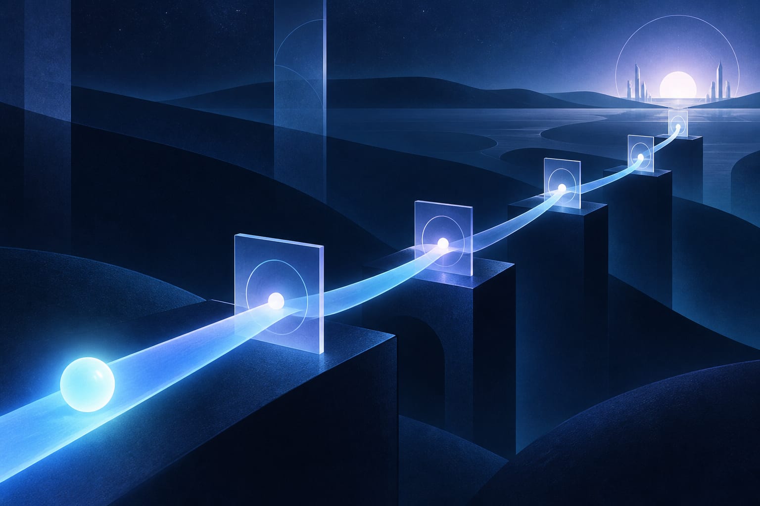 Against a deep blue background, a beam of light advances through layered nodes, passing through multiple checkpoints and evaluation stages — representing frontier AI finding the right pace between progress and safety.