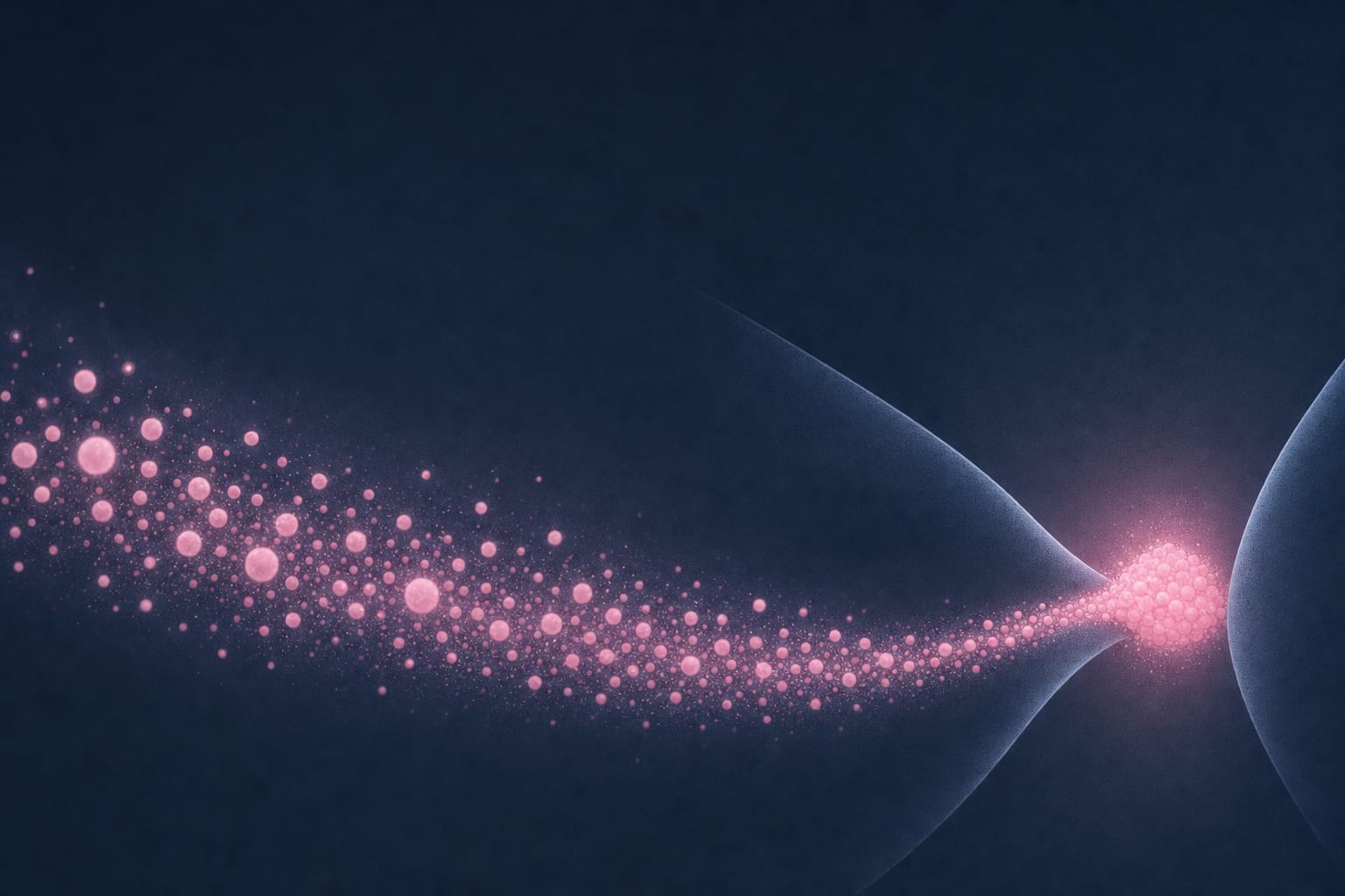 Against a deep blue-gray background, a string of faint rose-colored points of light flows along a narrowing channel, gathering into a soft glow at its narrowest point — a visual metaphor for cells being trapped in pulmonary capillaries.